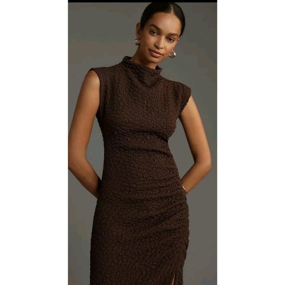 NEW Anthropologie The Maya Ruched Cowl-Neck Textured Dress Sz M Chocolate Brown
